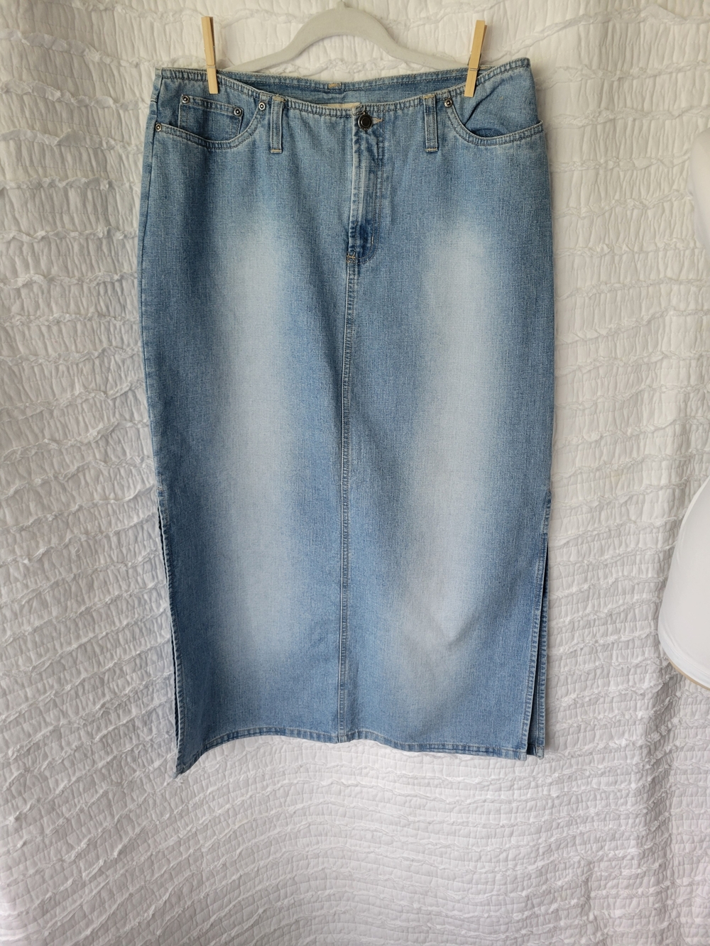 Vintage Light Wash Denim Midi Skirt - Blue With Side Slits